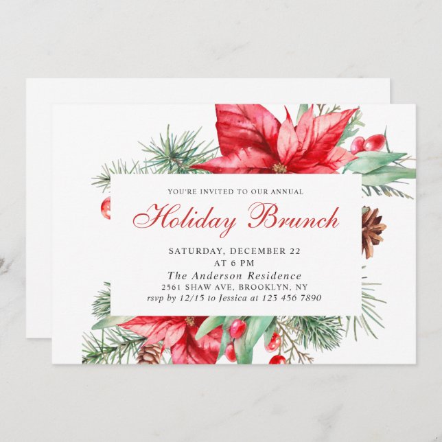 Festive Red Poinsettia Weihnachtsfeiertag BRUNCH Einladung (Vorne/Hinten)