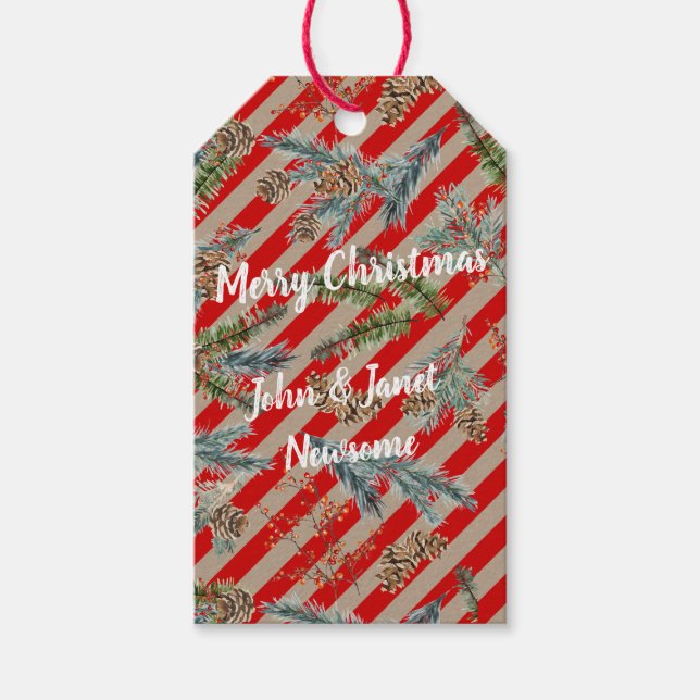 Festive Red Stripe Pine Spruce Cones Kraft Holiday Geschenkanhänger (Vorderseite)