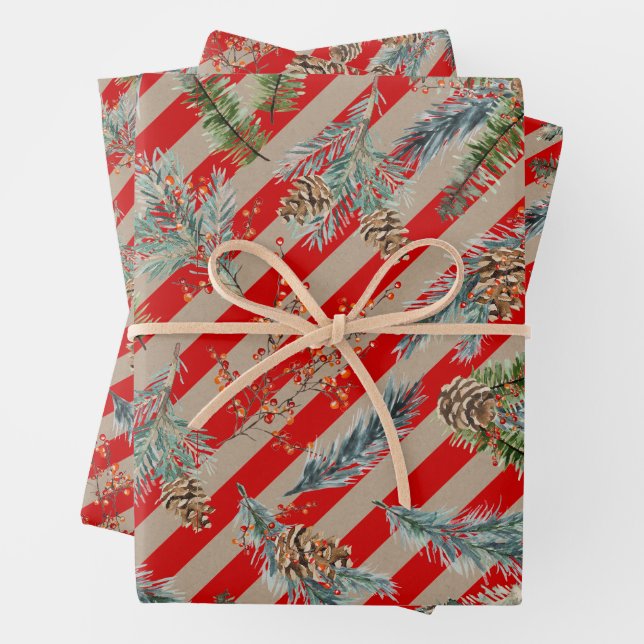 Festive Red Stripe Pine Spruce Cones Kraft Holiday Geschenkpapier Set (Beispiel)