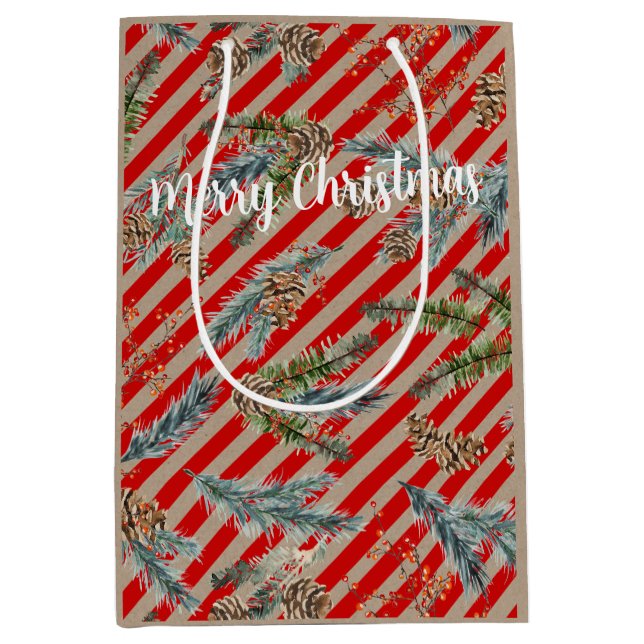Festive Red Stripe Pine Spruce Cones Kraft Holiday Mittlere Geschenktüte (Vorderseite)