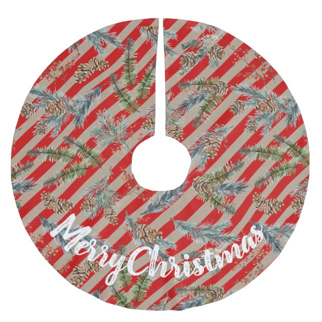 Festive Red Stripe Pine Spruce Cones Kraft Holiday Polyester Weihnachtsbaumdecke (Vorderseite)