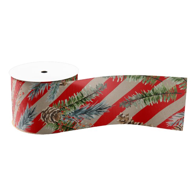 Festive Red Stripe Pine Spruce Cones Kraft Holiday Ripsband (Spule)