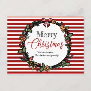 Festive Red Stripes Holly Wreath Frohe Weihnachten Postkarte