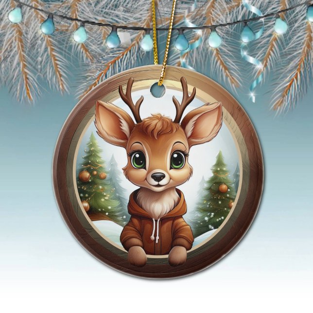Festive Reindeer Xmas Wooden Frame Decoration 🦌🎄 Keramik Ornament (Festive Reindeer Xmas Wooden Frame Decoration Rustic Holiday Deer Christmas tree ceramic ornament 🦌)