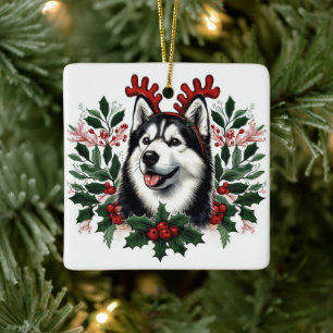 Festive Rentier Siberian Husky Dog Weihnachten Keramikornament