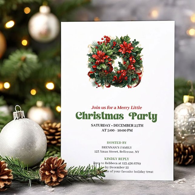 Festive Retro Christmas Wreath Party Invitation Einladung (Festive Retro Christmas Angel Party Invitation)