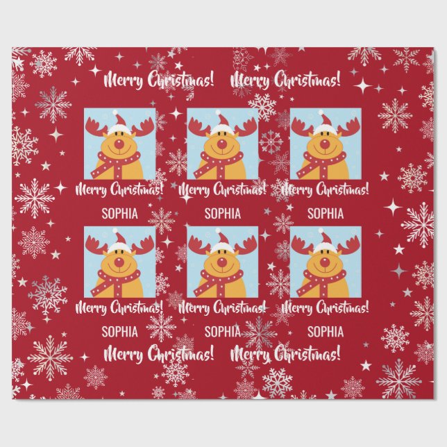 Festive Rudolph Reindeer Snow Personalized Xmas Geschenkpapier (Flach)