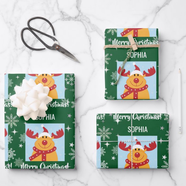 Festive Rudolph Reindeer Snow Personalized Xmas Geschenkpapier Set (Vorderseite)