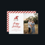 Festive Santa Hat Photo Feiertagskarte<br><div class="desc">Festive watercolor Santa hat,  holiday photo card. Features,  red typography with coordinating stripe pattern backing.</div>