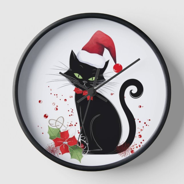Festive Schwarze Katze Uhr (Vorderseite)