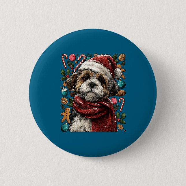 Festive Shih Tzu With Santa Hat Snowy Winter Chris Button (Vorderseite)