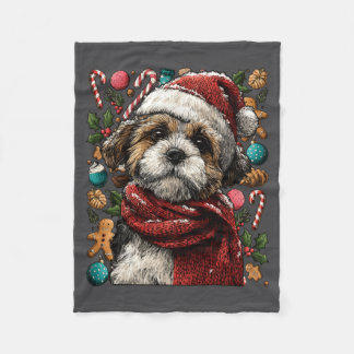 Festive Shih Tzu With Santa Hat Snowy Winter Chris Fleecedecke