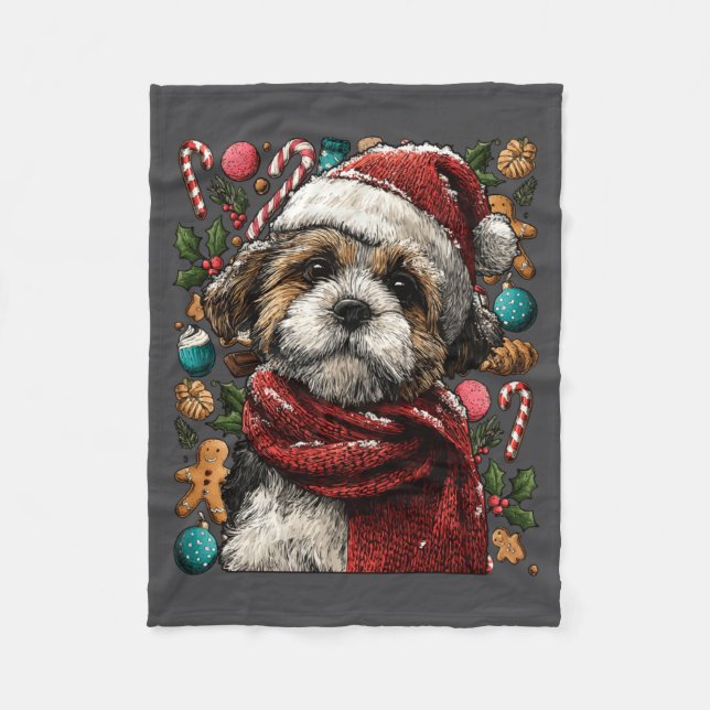 Festive Shih Tzu With Santa Hat Snowy Winter Chris Fleecedecke (Vorderseite)