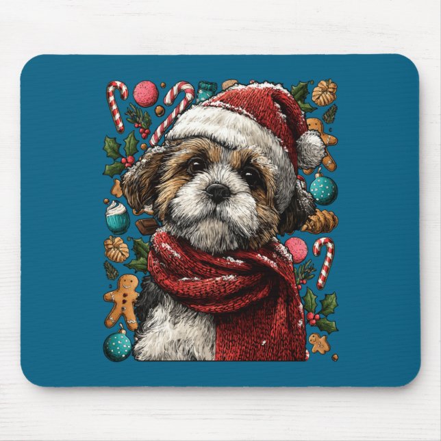 Festive Shih Tzu With Santa Hat Snowy Winter Chris Mousepad (Vorne)