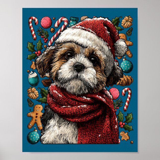 Festive Shih Tzu With Santa Hat Snowy Winter Chris Poster (Vorne)