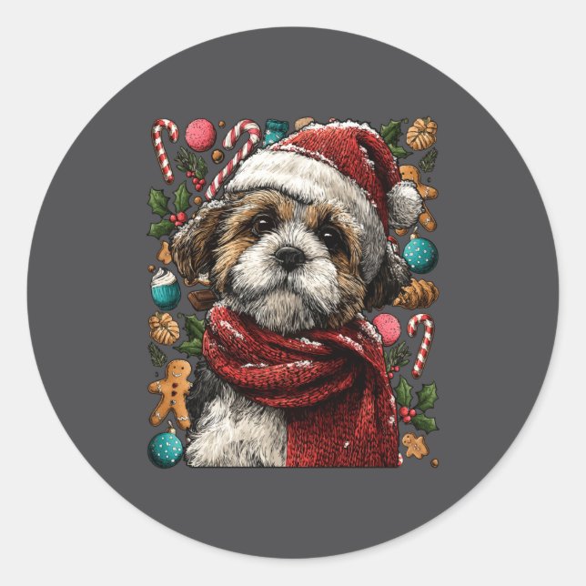 Festive Shih Tzu With Santa Hat Snowy Winter Chris Runder Aufkleber (Vorderseite)