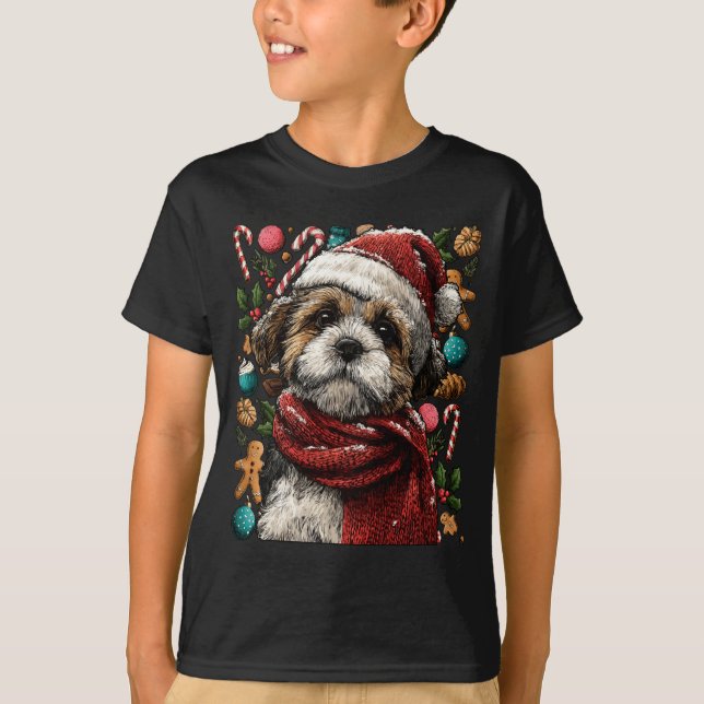 Festive Shih Tzu With Santa Hat Snowy Winter Chris T-Shirt (Vorderseite)