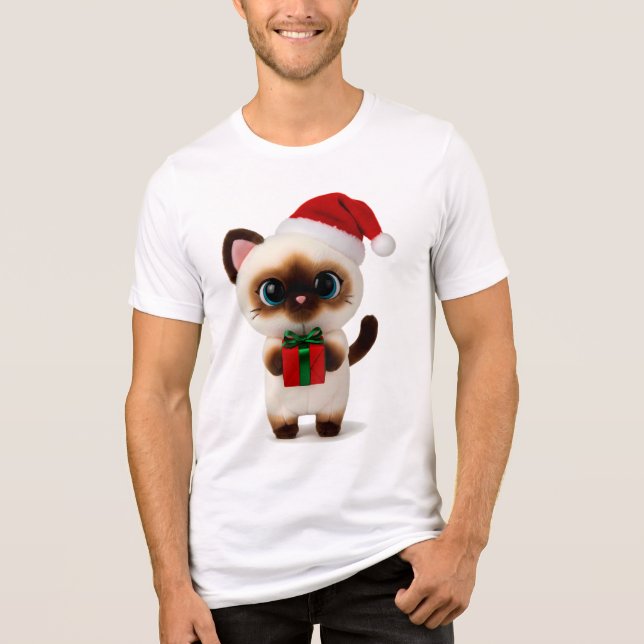 Festive Siamese Cat with Santa Hat and Gift Box Tri-Blend Shirt (Vorderseite)