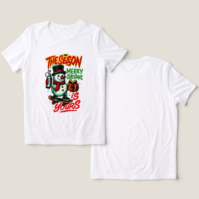 Festive Snowman Christmas Holiday Magic Tri-Blend Shirt (Design Vorderseite & Rückseite)