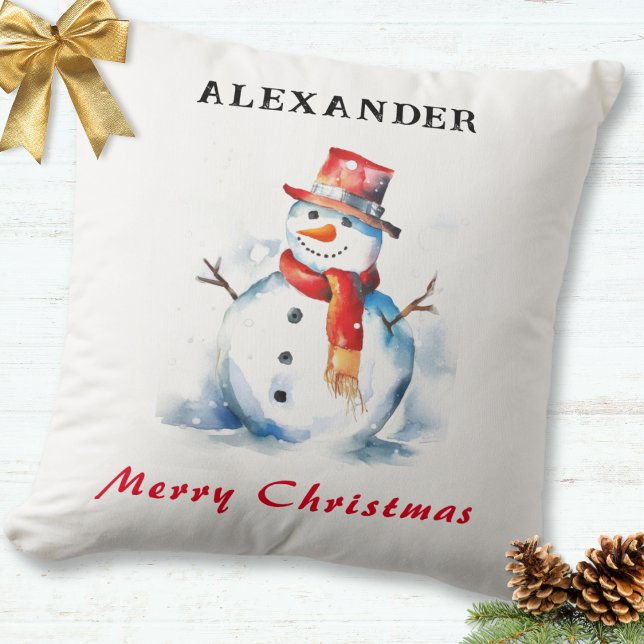 Festive Snowman Whimsical Custom Frohe Weihnachten Kissen (A personalized festive throw pillow, with snowman picture and Merry Christmas greeting)