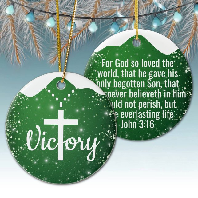 Festive Starry Green Devotional Holy Spirit  ⛪️ 🎄 Keramik Ornament (Custom festive starry green ornament devotional holy spirit beaded cross necklace hanging decor 🎄✞)