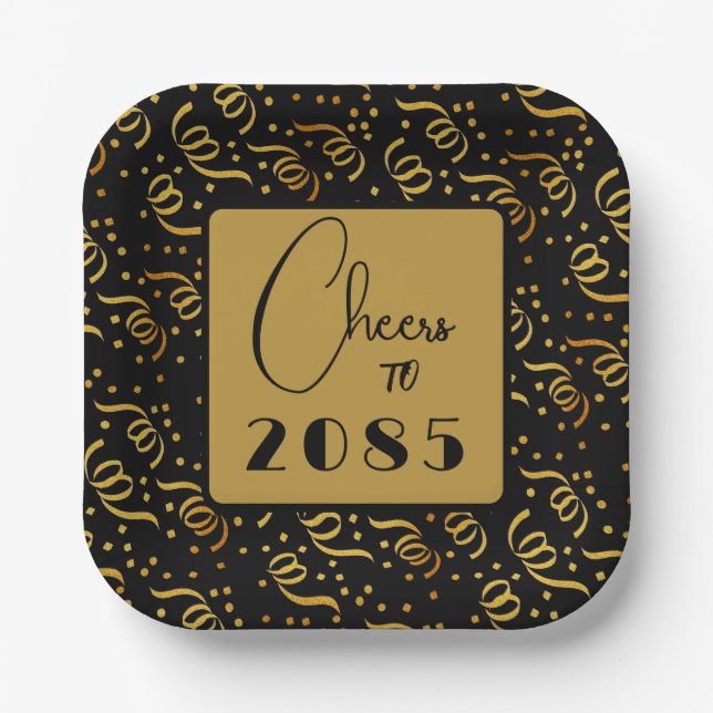 Festive Streamers Black n Gold New Years Party Pappteller (Vorderseite)