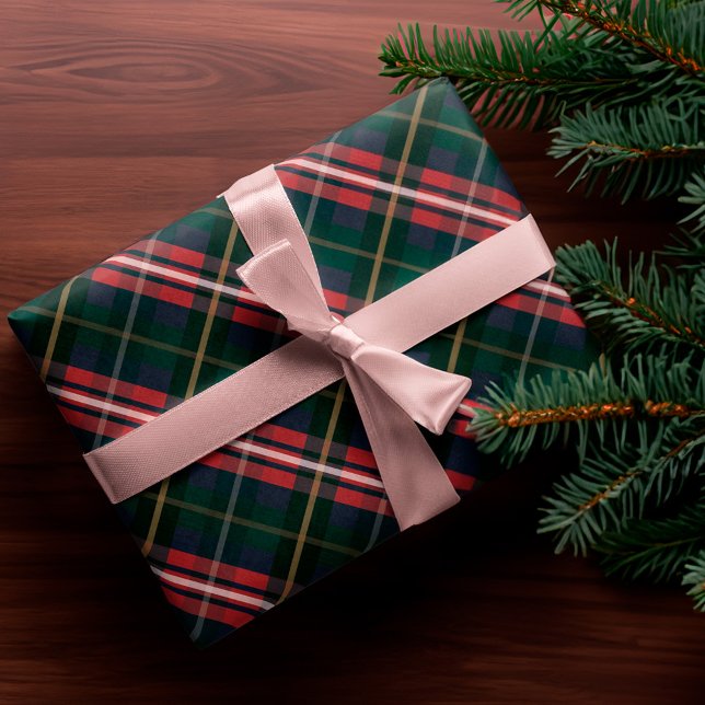 Festive, stylische, dunkelrote und grüne Karierte  Geschenkpapier Set (Festive Stylish Dark Red & Green Plaid Pattern Wrapping Paper Sheets)