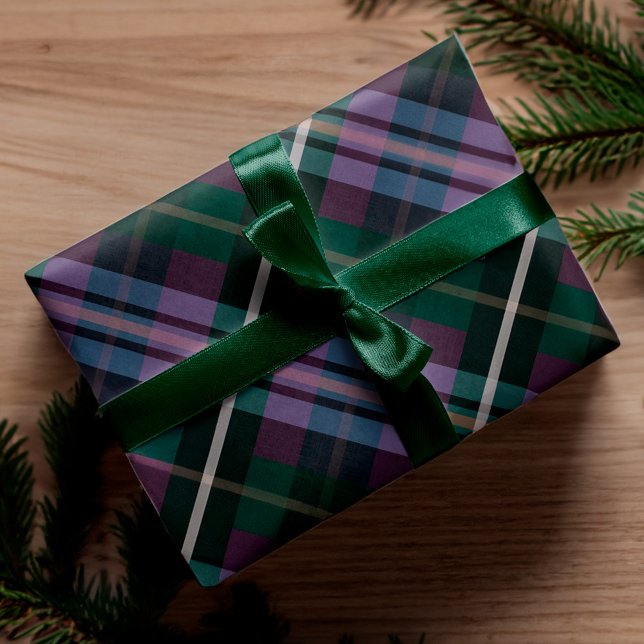 Festive, stylische, dunkle Lila und grüne Karierte Geschenkpapier (Festive Stylish Dark Purple & Green Plaid Pattern Wrapping Paper)