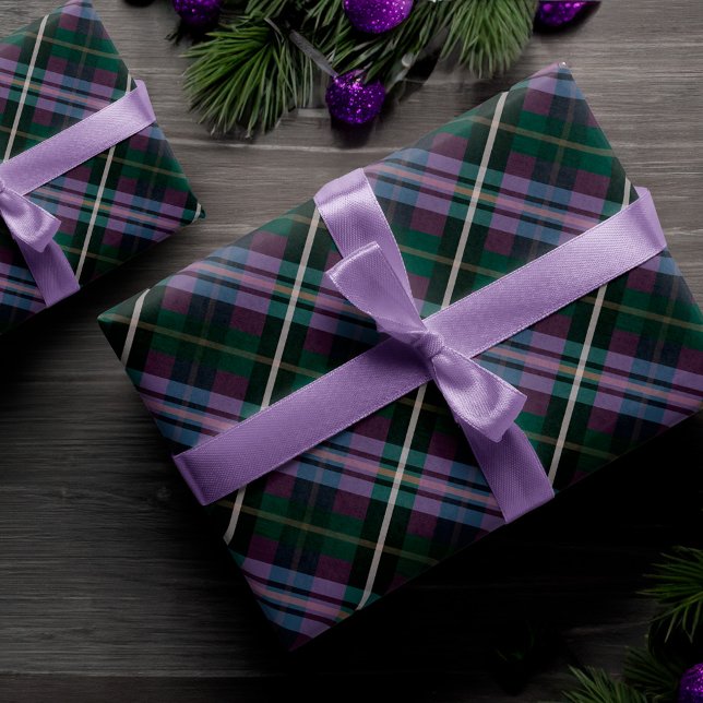 Festive, stylische, dunkle Lila und grüne Karierte Geschenkpapier Set (Festive Stylish Dark Purple & Green Plaid Pattern Wrapping Paper Sheets)