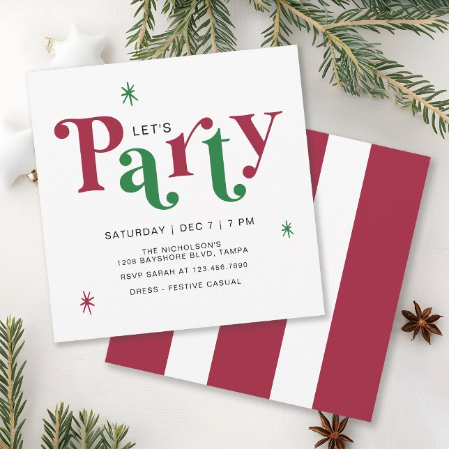 Festive Typography Let's Party Fun Holiday Einladung (Available in both printed and instant download digital formats.)