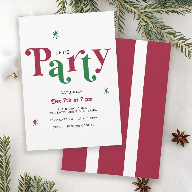 Festive Typography Let's Party Whimsical Holiday Einladung (Available in both printed and instant download digital formats.)