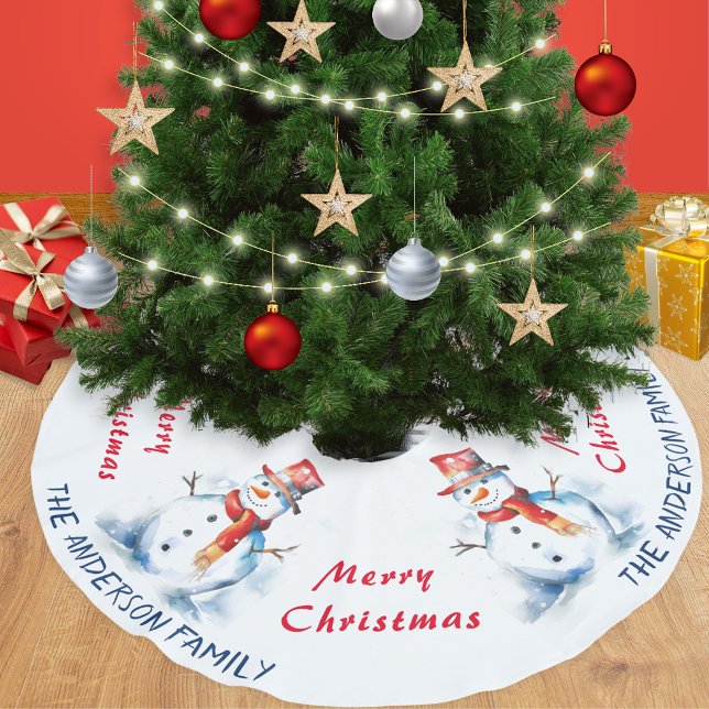 Festive Wasserfarbe Snowman Custom Frohe Weihnacht Polyester Weihnachtsbaumdecke (A personalized Christmas tree skirt with snowmen and Merry Christmas greeting)