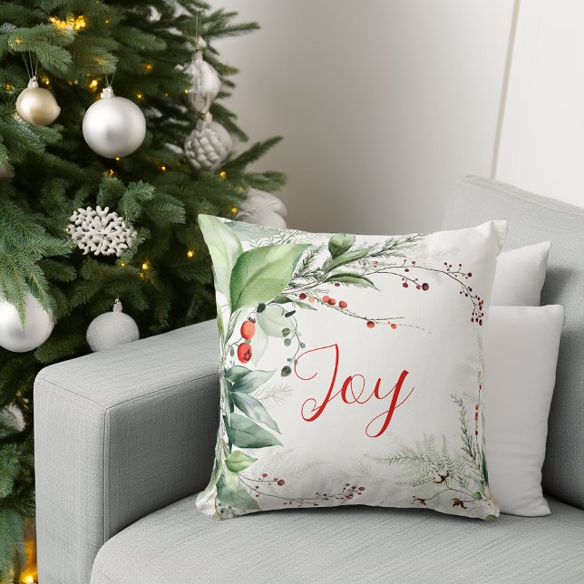 Festive Watercolor Greenery Christmas Joy Kissen (Festive Watercolor Greenery Christmas Joy Throw Pillow)