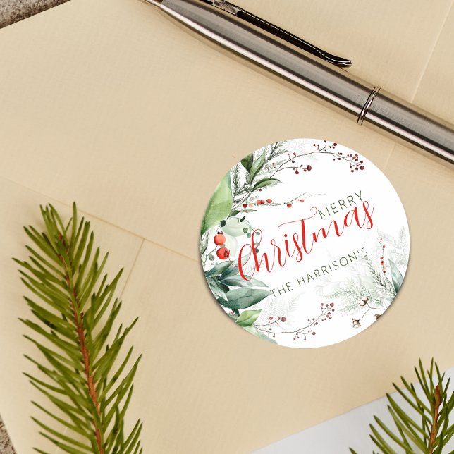 Festive Watercolor Greenery Merry Christmas Runder Aufkleber (Festive Watercolor Greenery Merry Christmas Classic Round Sticker)