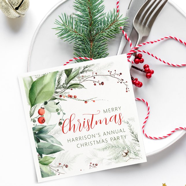 Festive Watercolor Greenery Merry Christmas Serviette (Festive Watercolor Greenery Merry Christmas Napkins)