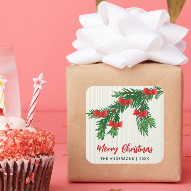 Festive Watercolor Greenery Red Bow Christmas Quadratischer Aufkleber (Party)