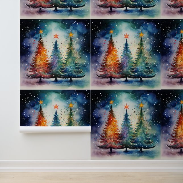 Festive Watercolor Winter Trees Textured  Tapete (Anwendung)