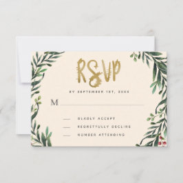 Festive Watercolor Wreath Gold Wedding RSVP Karte