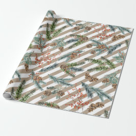 Festive White Stripe Pine Spruce Kraft Holiday Geschenkpapier