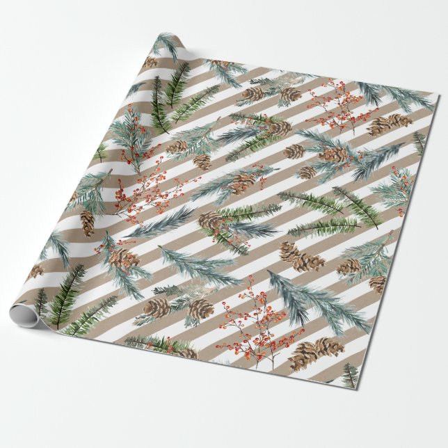 Festive White Stripe Pine Spruce Kraft Holiday Geschenkpapier (Ungerollt)