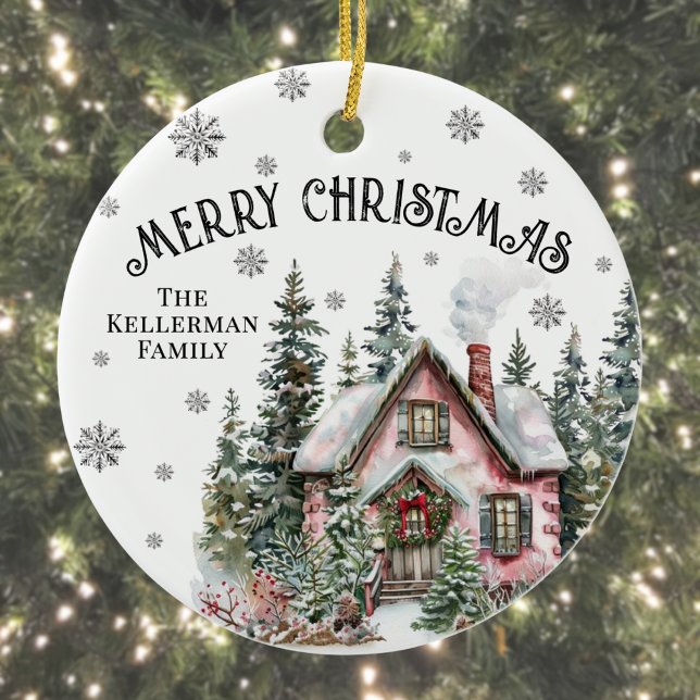 Festive Winter Cabin Merry Christmas Keramik Ornament (Festive Winter Cabin Merry Christmas Ceramic Ornament )