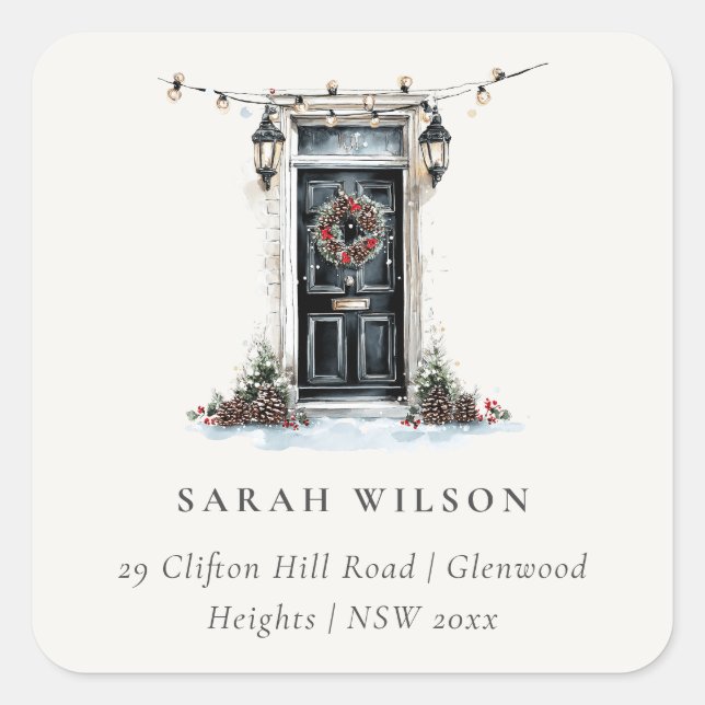 Festive Winter Watercolor Front Door Address Quadratischer Aufkleber (Vorderseite)