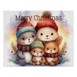 Festive Woodland Animal Family Merry Christmas Poster