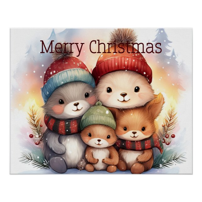 Festive Woodland Animal Family Merry Christmas Poster (Vorderseite)