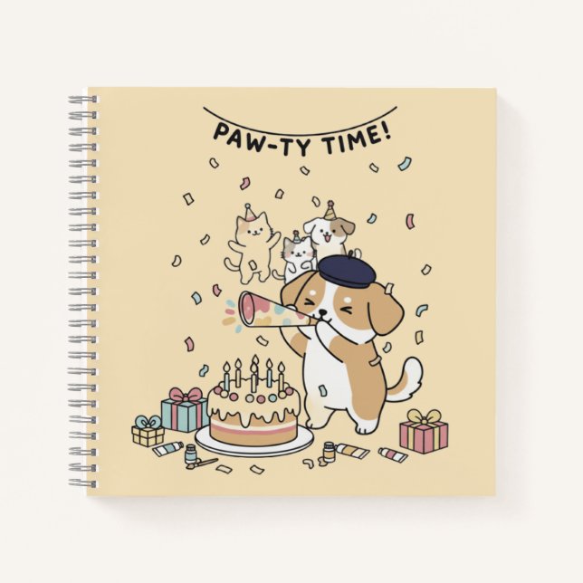Festive Yellow Playful Dog Cartoon Celebration Notizbuch (Vorderseite)