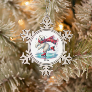 Festiver Eislaufender Eisbär fügt Jahr hinzu Schneeflocken Zinn-Ornament
