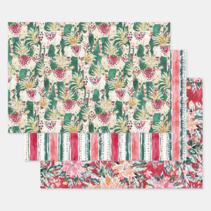 FESTIVER URLAUB Llama Poinsettia Stripe Red Green Geschenkpapier Set