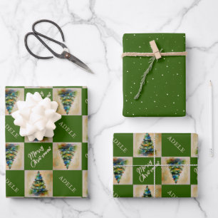 Festiver Weihnachtsbaum Wasserfarbe Grün Feiertag Geschenkpapier Set
