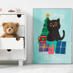 Festives Blaues Weihnachten Süße Katzen Kaffee Wan Poster