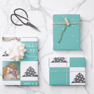 Festives Türkis-Katz-Foto Weihnachtsbaum Geschenkpapier Set